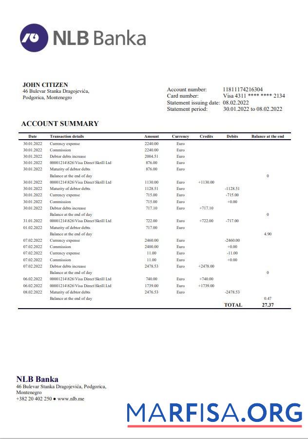 Printable Montenegro NLB bank statement word example